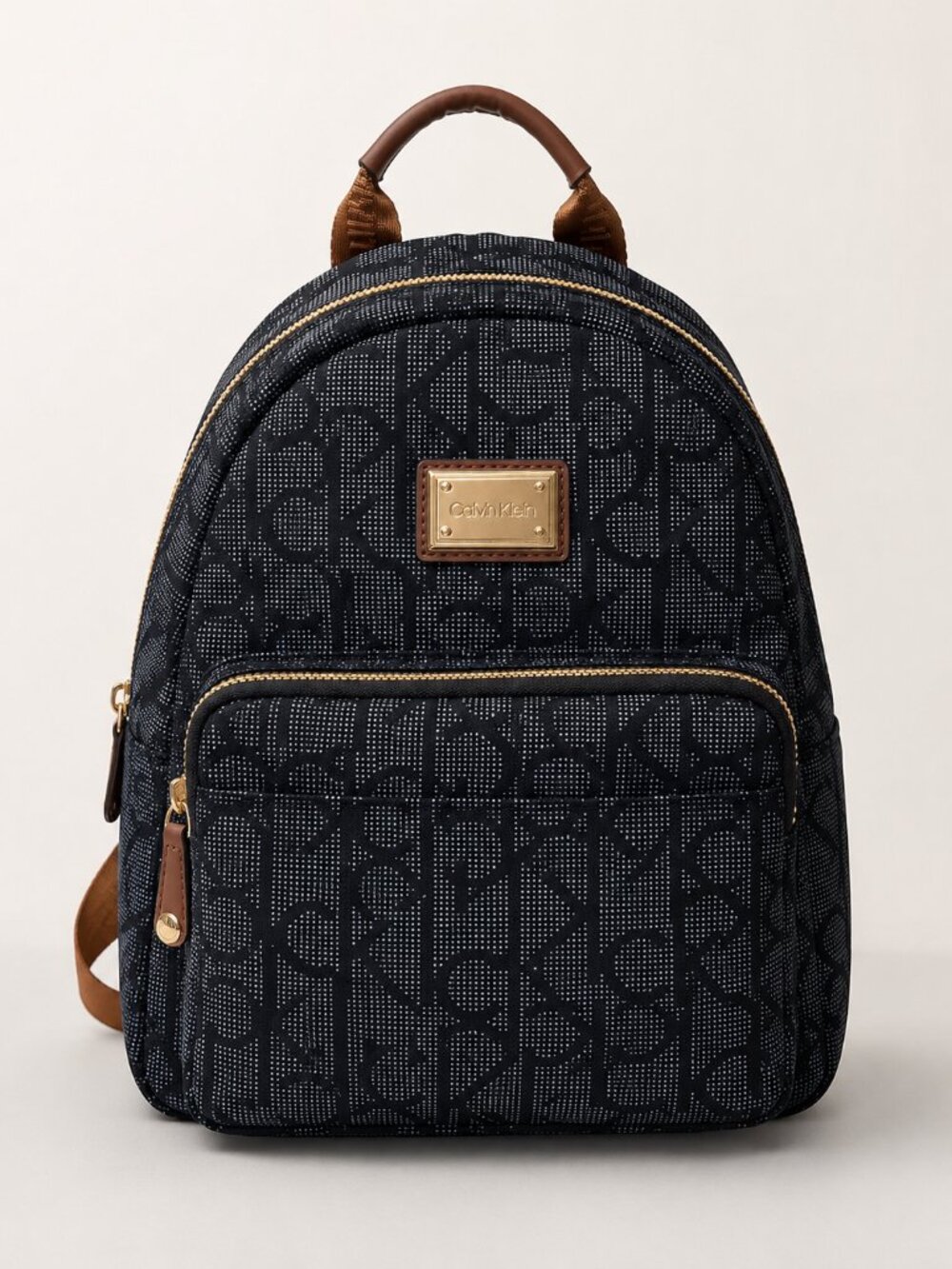 Calvin Klein Monogram Mini Backpack Navy Brown Gold Logo Everyday Travel Bag - Picture 1 of 5